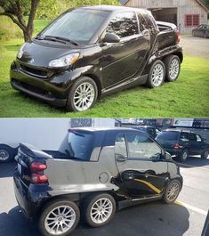 two different cars parked side by side in a parking lot and the same car with its hood up