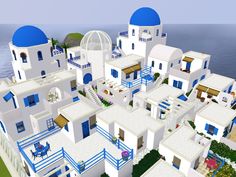 Greek Exterior, Bloxburg Village, Grecia Santorini, Dream Hotel, Apartment Plan, Bloxburg Houses, Dream Hotels, Resort Design, Santorini Wedding