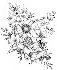 a black and white drawing of flowers