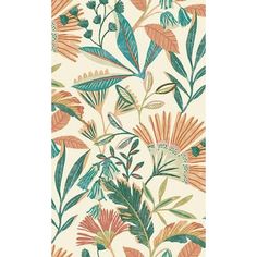 an orange and green floral wallpaper with lots of leaves on the bottom half of it