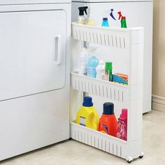 an image of a small refrigerator with shelves for cleaning products