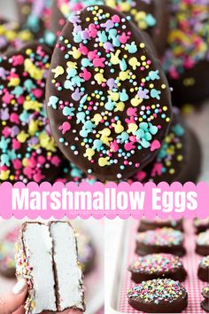 marshmallow eggs with chocolate frosting and sprinkles in the background