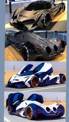 three different views of a futuristic car on display