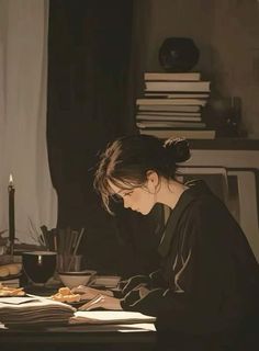 a woman sitting at a table writing in front of a candle and books on top of a desk