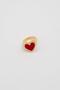 PRODUCT DESCRIPTION Handmade. Tarnish Resistant. SIZE Wide. MATERIAL 24K Gold-bonded over Brass. Enamel colors. Hypoallergenic. DESIGNER NOTE This handmade Heart Ring will be the perfect statement piece to make you stand out this season. The bold red and bright gold combination completes any day or night look! STYLE TIP: Stack our Heart Ring with our Shiny initial Rings to show off your stack! Red Heart Ring, Heart Signet Ring, Initial Rings, Accessorize Jewellery, Gold Heart Ring, Gold Bond, Handmade Heart, Initial Ring, Bright Gold