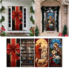 christmas decorations and stained glass doors are featured in this collage with images of the nativity scene