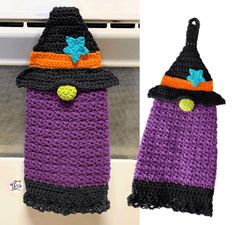 two crocheted halloween hats hanging from the side of a microwave oven door, one in purple and one in black