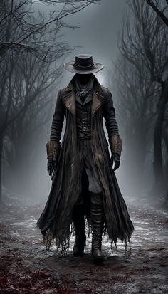 a man in a hat and coat walking through the dark woods with trees behind him