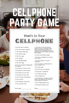 people sitting around a table with cell phone party game in front of them and the text, what's in your cell phone?