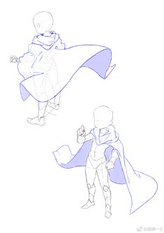 two different poses of a person with a cape on their head, one in the process of drawing