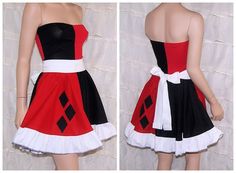 $75 Harley Quinn Strapless Summer Sun Ruffle Dress by mtcoffinz Harley Quinn Costume Skirt, Original Harley Quinn Costume, Harley Quinn Costume Black And Red, Harley Quinn Costume Corset, Harley Costume, Harlequin Costume, Harley Quinn Halloween Costume, Harely Quinn Outfit, Stitch Costume