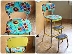 three different views of a colorful chair and stool with flowers on the seat, one is yellow