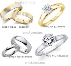 four different types of wedding rings with prices