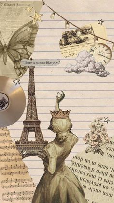 an altered photograph of the eiffel tower and other things on lined notebook paper