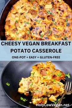 two pictures with different types of food in them and the words, cheesy vegan breakfast potato casserole