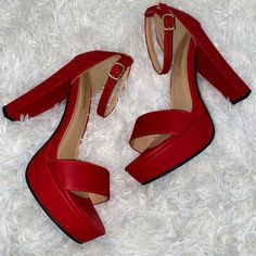 Fashion Nova Size 6 Red Brand New, Never Worn Heel Height Approx: 4 1/2” Platform Height Approx: 1” Red Heels Prom, Black And Red Heels, Open Toe Sandals Heels, Red Platform Heels, Neon Heels, Vampire Masquerade, Clear Strap Heels, Heels Prom, Black Stiletto Heels