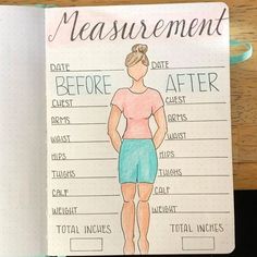 an open notebook with a drawing of a woman's body and measurements on it