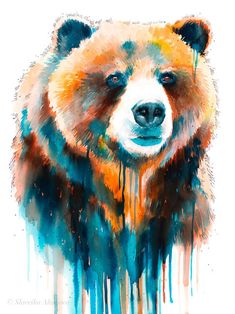 a painting of a brown bear with blue and orange paint drips on it's face