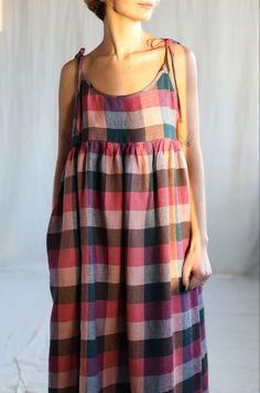 Mid Size Sundress, Tie Strap Dress Pattern, Plaid Linen Dress For Picnic, Summer Linen Plaid Dress, Summer Plaid Linen Dress, Sundress Pattern, Loose Tie, Loose Summer Dress, Linen Sundress