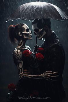 two skeletons holding an umbrella in the rain with roses on their hands and one skeleton is kissing