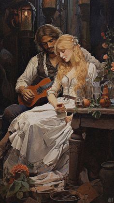 a painting of a man and woman sitting at a table playing the guitar, with flowers in front of them