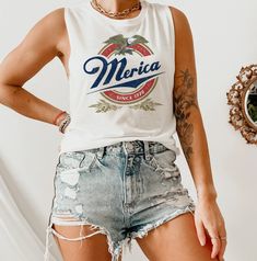 Merica Since 1776 Muscle Tank - 4th Of July Miller Lite Beer Muscle Tank - HighCiti Summer American Flag Print Tank Top, Sleeveless Tops With American Flag Print For Spring, White Sleeveless Tank Top For 4th Of July, Lite Beer, Miller Lite, Beer Shirts, American Shirts, Muscle Tanks, Muscle Tank