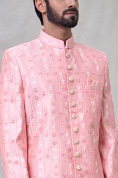 Pink sherwani with all over floral, sequin embroidery. Paired with aligadhi pant. - Aza Fashions Festive Straight Kurta Sherwani With Motifs, Diwali Sherwani With Motifs In Straight Kurta Style, Designer Traditional Wear With Motifs For Eid, Diwali Sherwani With Straight Kurta And Motifs, Designer Fitted Kurta With Motifs, Pink Bandhgala For Ceremonial Festivals, Ceremonial Pink Bandhgala For Festivals, Pink Festive Bandhgala For Ceremonial Occasions, Festive Pink Bandhgala For Ceremonial Occasions