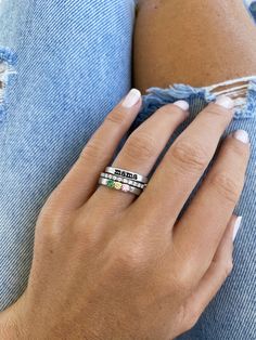 This satck includes three rings: classic pave ring, name ring, and a three birthstone ring. The perfect mother's day present >> Shop Now Mothers Ring Stackable, Ring Name, Mom Things, Mothers Ring, Name Ring, Mother Rings, Three Rings, Ring Stack, Mom Jewelry