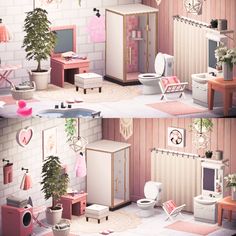 two pictures of a bathroom with pink walls and flooring, including a white toilet