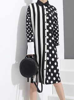 Brief Polka Dots Paneled T-Shirt Dress Shirt Dresses For Women Classy, African Dresses Modern, Half Shirts, Fancy Dress Design, Tokyo Fashion, Stylish Dresses For Girls, Comfy Dresses, Printed Shirt Dress, Shirt Dresses