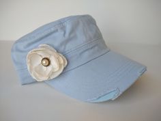 Super cute distressed light blue army hat with flower accent. This flattering hat features a velcro adjustable strap in the back. Perfect for wearing your hair down or in a ponytail. Thanks for looking! Bling Pacifier, Army Hat, Baby Bling, A Ponytail, Blue Army, Hair Down, Ponytail Holders, Dream Clothes, Down Hairstyles