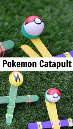 paper crafts made to look like the pokemon catapults are sitting on grass