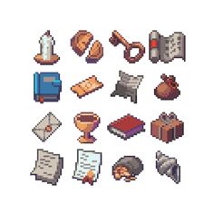 pixel art with different types of items and colors on it, including books, paper, scissors