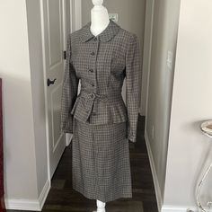 This Is A Vintage Item. Great Condition. Jacket Is Fully Lined. Skirt Is Partially Lined. Blazer: Shoulder To Shoulder: 16" Bust: 34" Waist: 26” Sleeve: 21" Length: 23.5" Skirt: Waist: 25" Hips: 34" Length: 26" Vintage Winter Skirt Suit For Work, Vintage Skirt Suit For Semi-formal Fall Occasions, 1950s Fitted Workwear Outerwear, Retro Long Sleeve Skirt Suit For Tailoring, Retro Fall Skirt Suit For Formal Occasions, Retro Fitted Skirt Suit, Retro Tailored Long Sleeve Skirt Suit, Retro Long Sleeve Tailored Skirt Suit, Retro Tailored Fall Skirt Suit