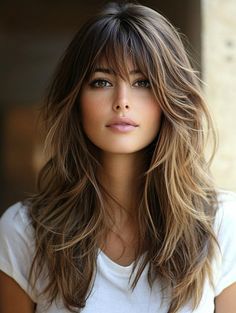 Womens Bangs Haircut Long Hair, Updos With Wispy Bangs, Haircuts For Long Hair Side Bangs, Long Hair With Some Layers, Medium Hairstyle Women With Curtain Bangs, Wispy Bangs Lots Of Layers, Medium Length Hair Feathered Layers, Long Hair With Long Fringe