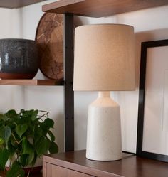 a table lamp sitting on top of a wooden dresser next to a potted plant