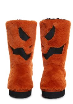 These boots have a faux fur construction, an embroidered jack-o-lantern face on the front, treaded soles, and a pull-on fit. Behavior Sheet, Bat Print, Jack O Lantern Faces, Jack O'lantern, Doll Home, Black Dolls, Costume Store, Ribbon Wrap, Wrap Heels