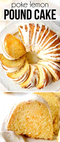 a lemon pound cake with white icing on top and sliced in half to show the inside