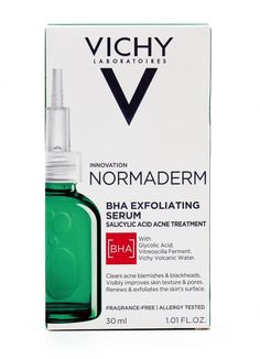 Vichy Normaderm BHA Exfoliating Serum Salicylic Acid Acne Treatment 1oz 01/2026 Benefits Clears acne blemishes, blackheads & whiteheads Visibly improves skin texture & appearance of pores Renews & exfoliates the skin’s surface Non-greasy, non-sticky, fast-absorbing texture Dermatologist, allergy, and sensitive skin tested for safety Key Ingredients 1% Salicylic Acid – A Beta Hydroxy Acid (BHA) that helps to clear blackheads and unclog pores while preventing new breakouts 4% Glycolic Acid – An Alpha Hydroxy Acid (AHA) that gently exfoliates and renews the skin’s surface to improve skin texture and the appearance of acne marks. 5% Vitreoscilla Ferment – A nutrient-rich component of non-living bacteria grown in the presence of Vichy Volcanic Water, known to have skin barrier recovery properti Exfoliating Serum, Clear Blackheads, Salicylic Acid Acne, Acne Solutions, Alpha Hydroxy Acid, Acne Blemishes, Clear Acne, Acne Marks, Unclog Pores