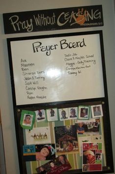 a bulletin board with pictures on it and writing about prayer without eating written in black