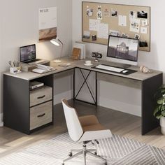 a desk with two computers and a chair in front of it on top of a rug