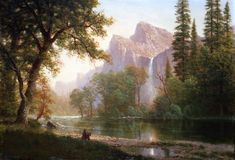 a painting of people fishing in a river with mountains in the background and trees on either side