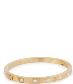 From kate spade new york&#x2C; this bangle bracelet features: Gold tone hardwareHinge closureApprox. 2.25" diameterImported. Jewlery Tattoo, Pearl Gold Bracelet, Gold Bracelet Bangle, Bangle Bracelet Gold, Kate Spade Bracelet, Kate Spade Bangle, Gold Pearl Bracelet, Stone Bangle, Jewelry Lookbook