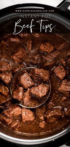 beef tips cooking in a slow cooker with the words instant pot beef tips above it