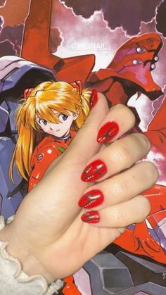 #nails #evangelion #asuka Neon Genesis Evangelion Nails, Evangelion Nails, Evangelion Asuka, Asuka Langley, Cute Gel Nails, Neon Genesis Evangelion, Nails Ideas, Gel Nails, Nail Designs