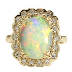 2.95 Carat Natural Opal 14K Yellow Gold Diamond Ring - Fashion Strada Opal Diamond Ring, Round Metal Sunglasses, Yellow Gold Diamond Ring, Gold Diamond Engagement Rings, Diamond Birthstone, Opal Ring Gold, Gold Diamond Ring, Gold Diamond Rings, Natural Opal