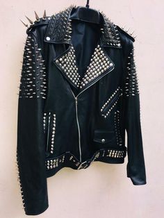 Handmade Women Punk Style Studded Leather Jacket Large Spike Sliver Studs on Storenvy Punk Leather Jacket Outfit, Rivethead Goth, Rockstar Jacket, Spiked Leather Jacket, Horror Fashion, Punk Leather Jacket, Battle Jackets, Punk Jacket, Punk Style Outfits