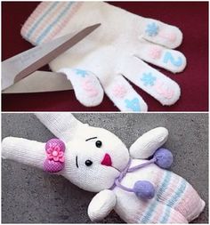 two pictures of stuffed animals with gloves on them