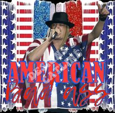 a man with an american flag background singing into a microphone