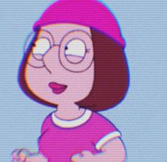 a cartoon girl with glasses and a pink hat